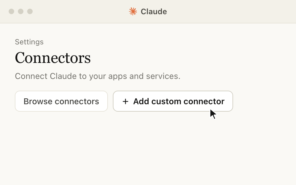 A drawing of Claude: the pointer on the Add custom connector button