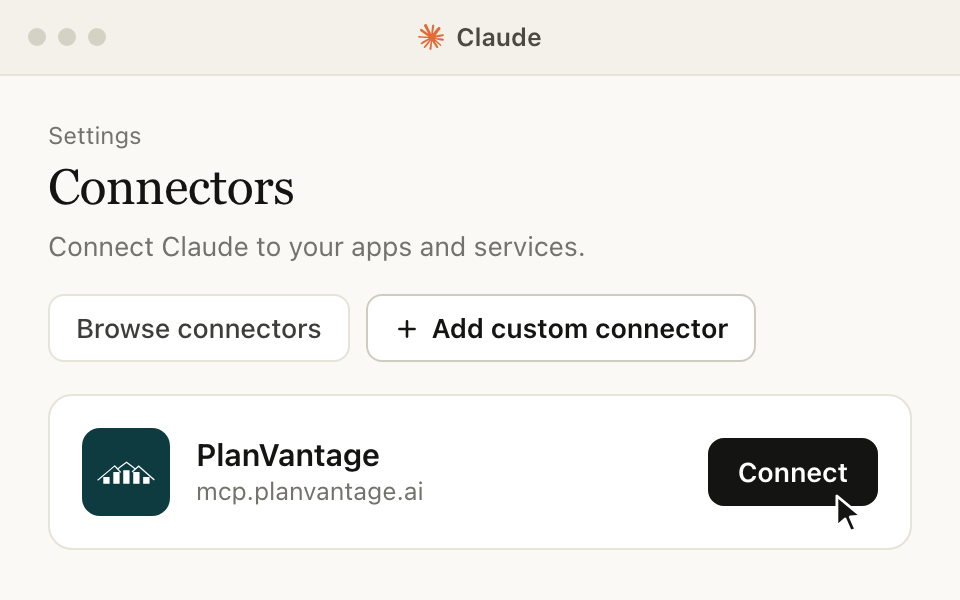 A drawing of Claude: PlanVantage in the connector list, with the pointer on Connect