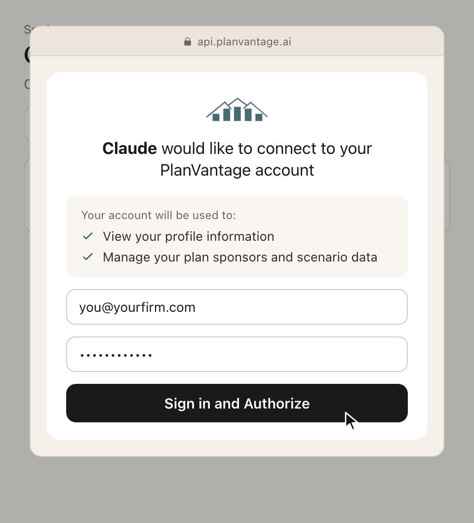A drawing of Claude: the PlanVantage sign-in page, which says Claude would like to connect to your PlanVantage account, with the pointer on Sign in and Authorize